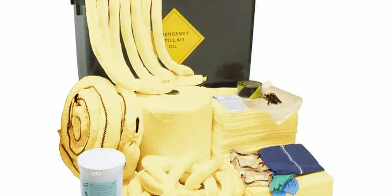 Yellow spill kit including socks, pads, bags, ties, tape and bucket